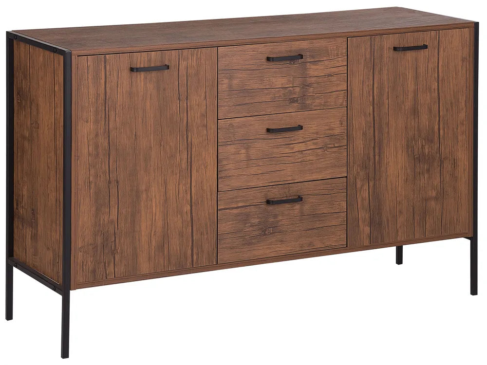 Wooden sideboard with drawers and metal legs on a white background