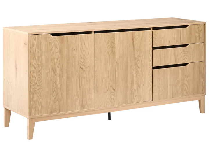 Wooden sideboard with doors and drawers on a white background