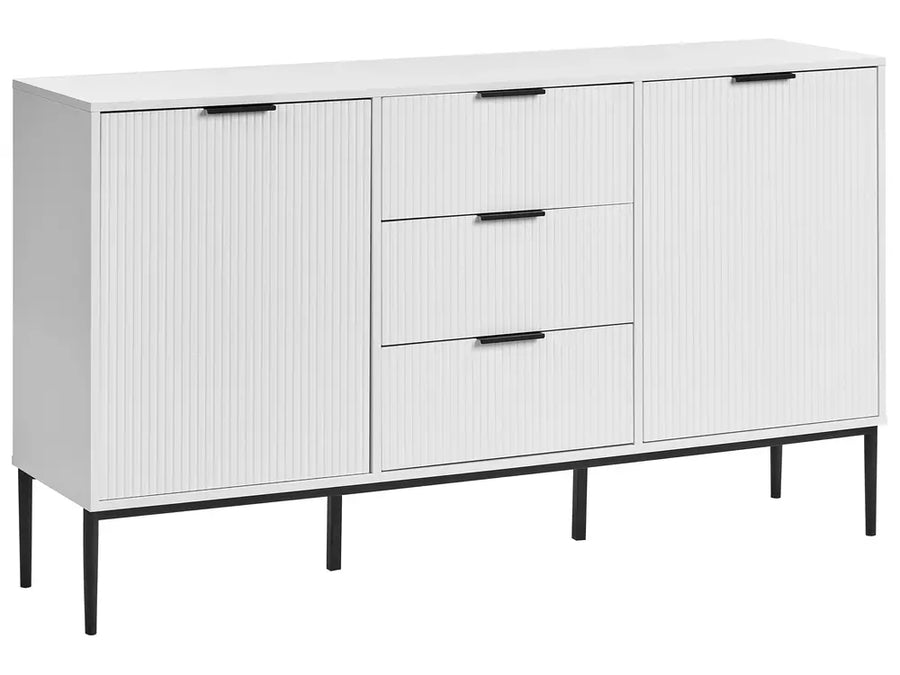 White sideboard with black legs and handles on a white background