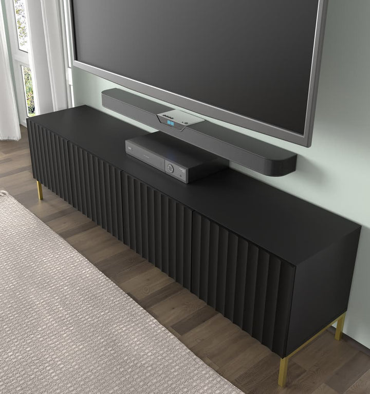 Elegant Black Wave TV Cabinet with Gold Legs (W)200cm (H)56cm (D)42cm - Modern & Spacious