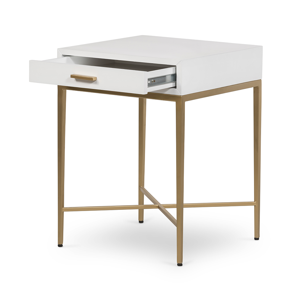 White desk with a gold frame and drawer on a white background