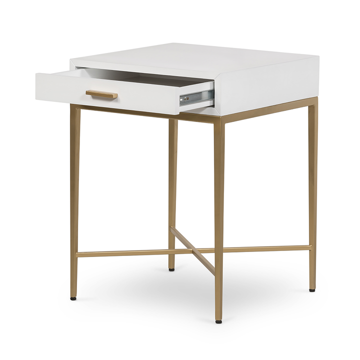 White desk with a gold frame and drawer on a white background