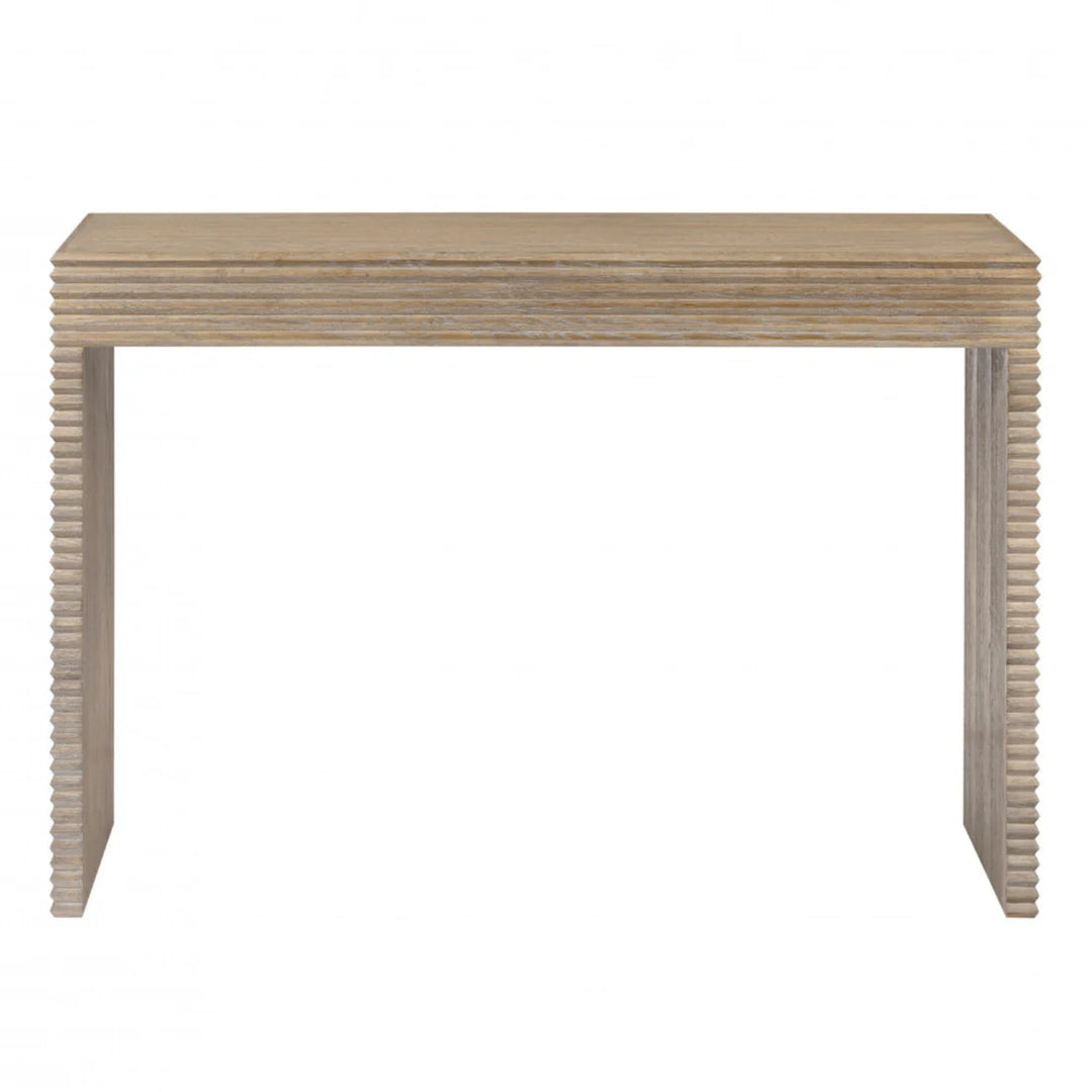 Wooden console table with ribbed design on a white background