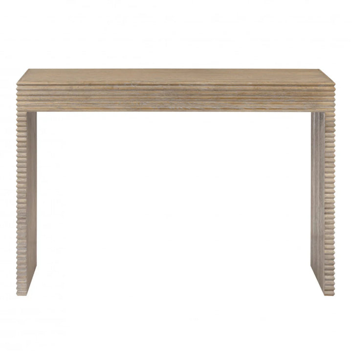 Wooden console table with ribbed design on a white background