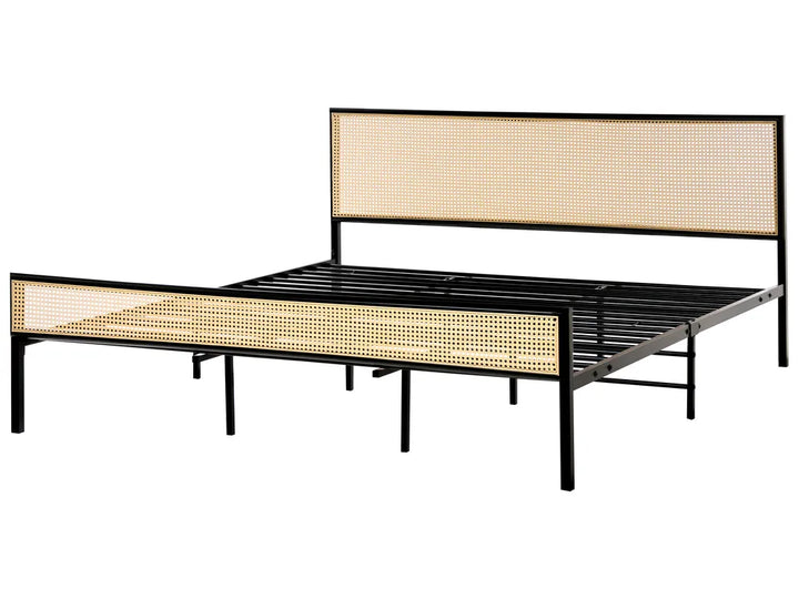 Bed frame with woven design on a white background