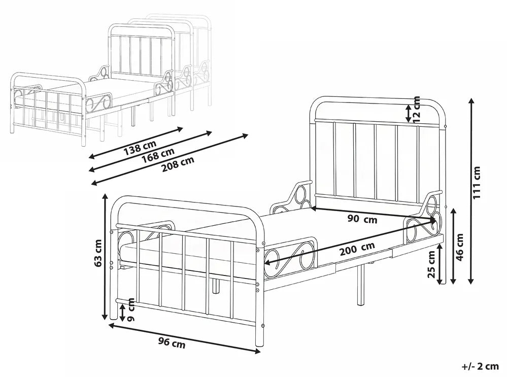 Extendable Kids Bed Metal 90 x 200 cm (EU Single) Black Isamari