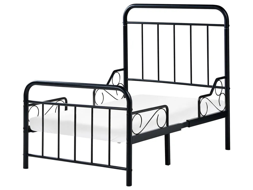 Black metal bed frame on a white background