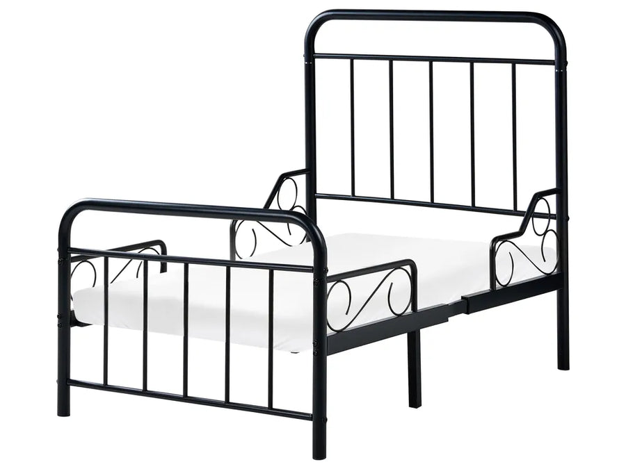 Black metal bed frame on a white background