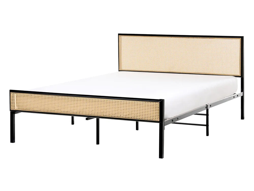 Bed with woven headboard and footboard on a white background