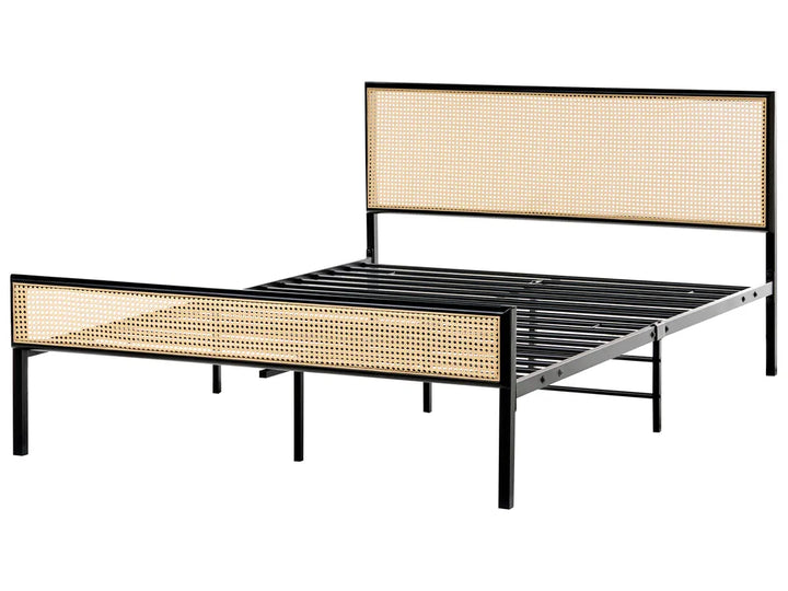 Bed frame with woven design on a white background