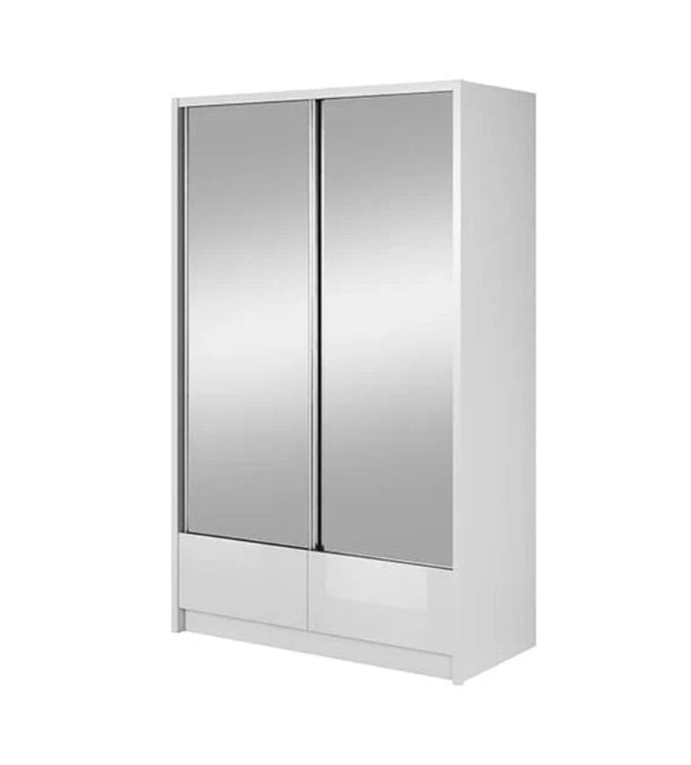 Aria II Mirrored Sliding Two Door Wardrobe 130cm in White Gloss