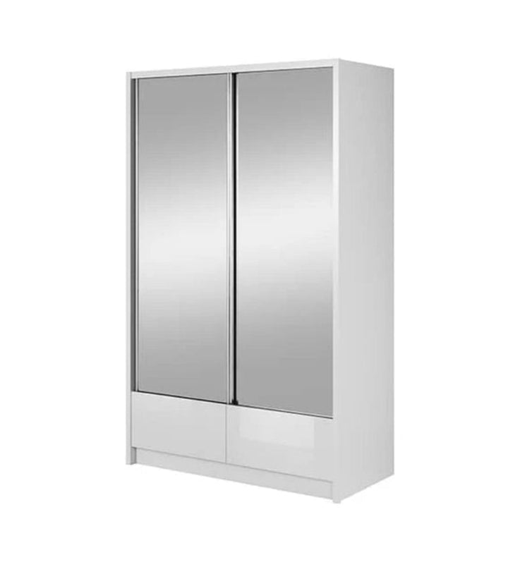 Aria II Mirrored Sliding Two Door Wardrobe 130cm in White Gloss