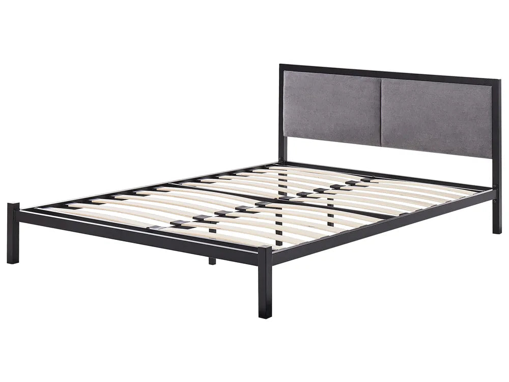 Bed frame with gray upholstered headboard on a white background