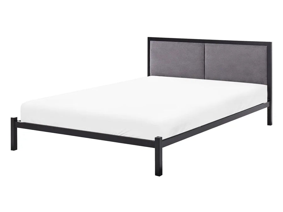 Bed with black metal frame and gray upholstered headboard on a white background