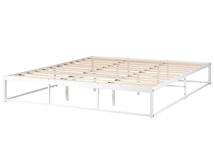 White metal bed frame with wooden slats on a white background