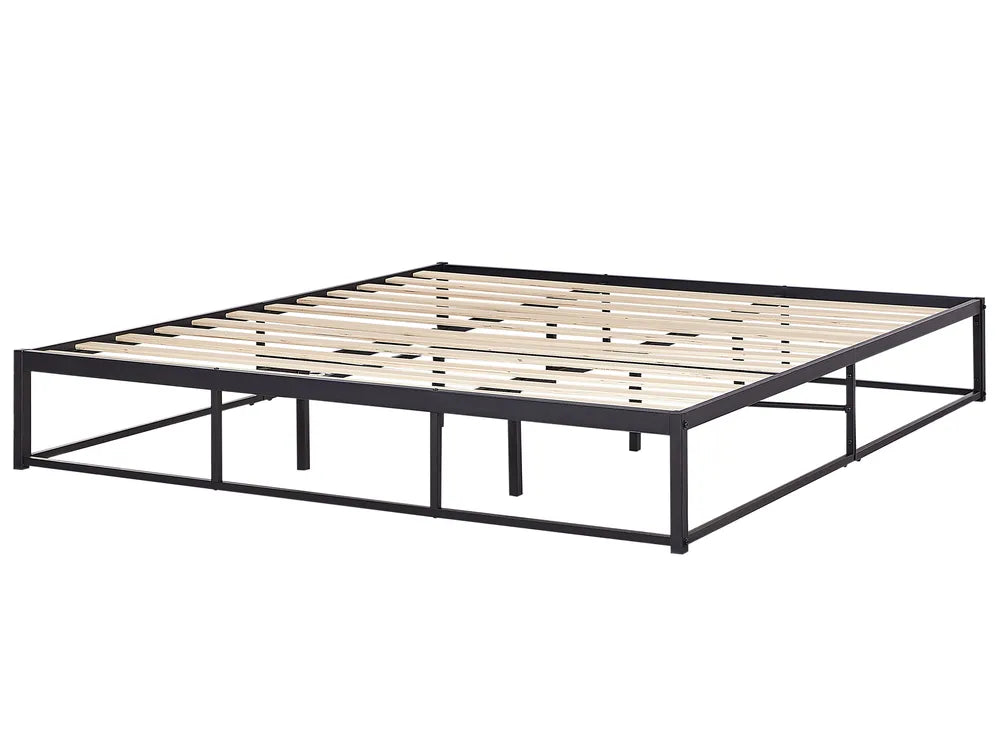 Black metal bed frame with wooden slats on a white background