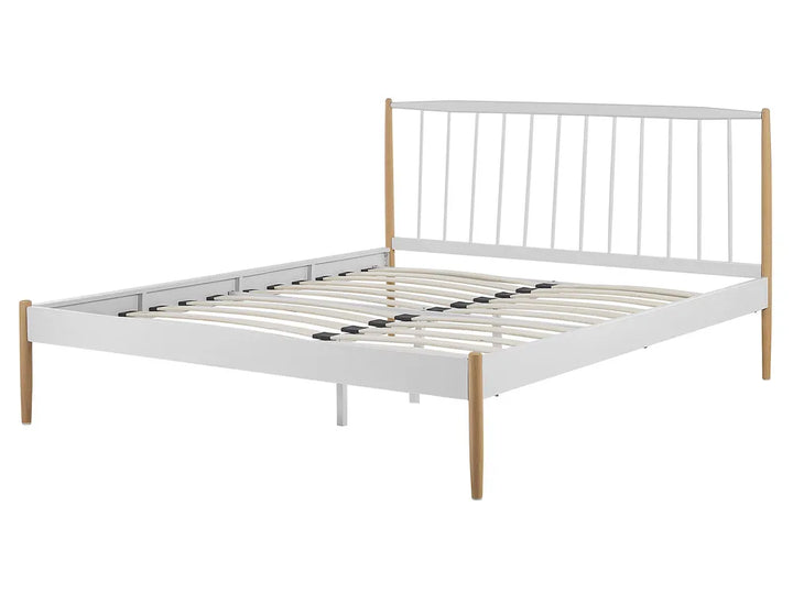 White metal bed frame with wooden legs on a white background