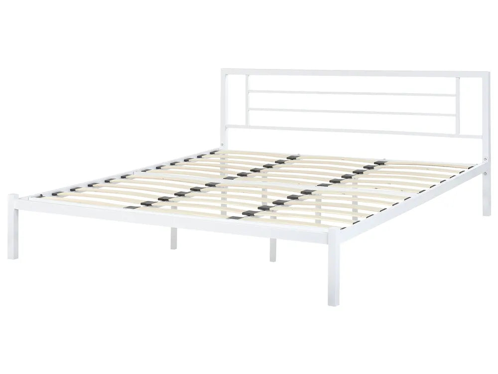 White metal bed frame with wooden slats on a white background