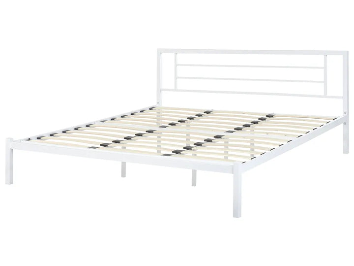 White metal bed frame with wooden slats on a white background
