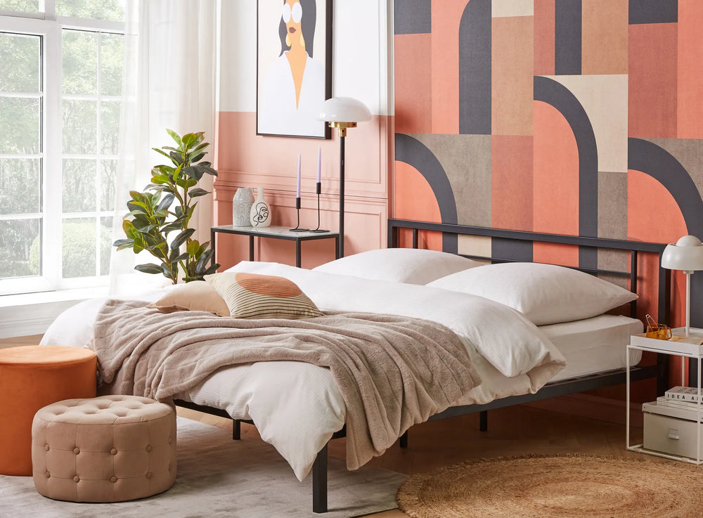 Metal bed with geometric headboard black
