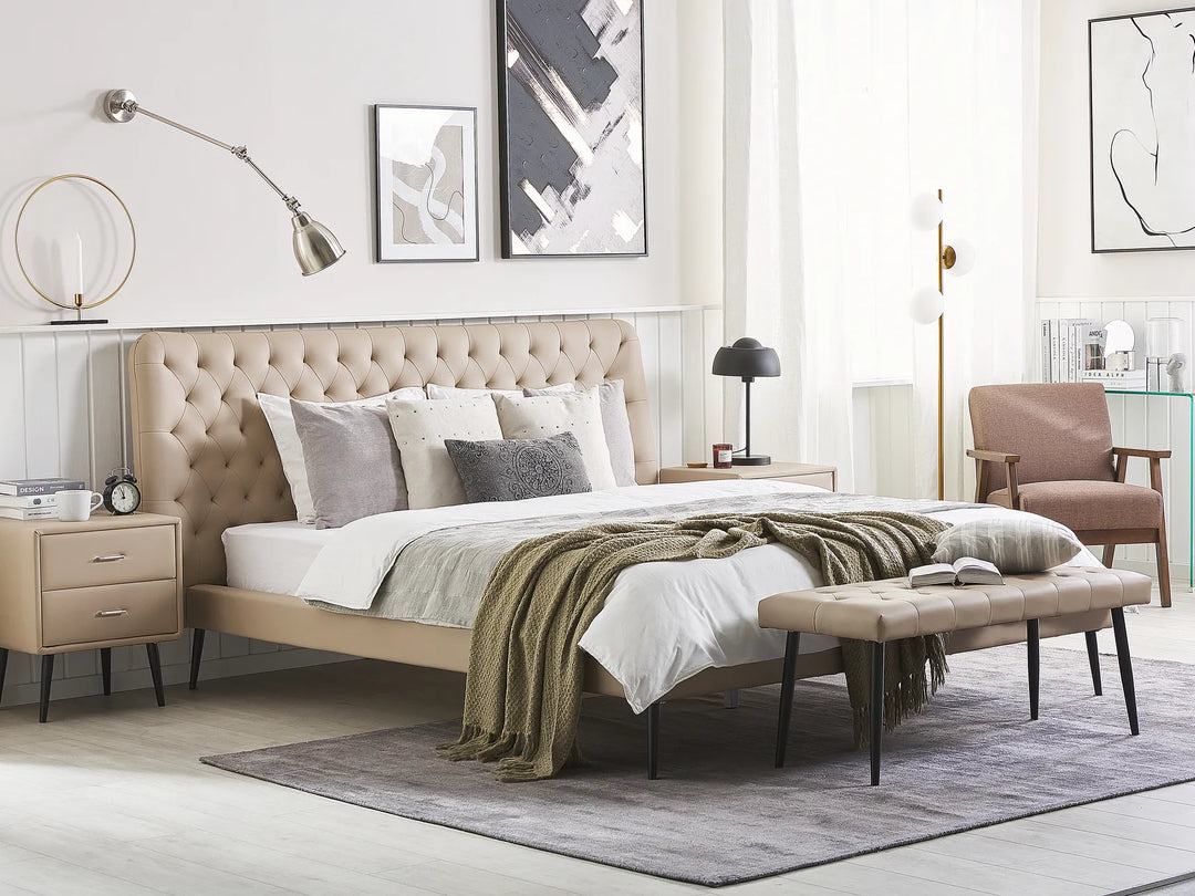 Beige faux leather bedroom set king size