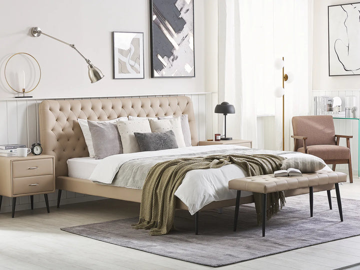 Beige faux leather bedroom set king size