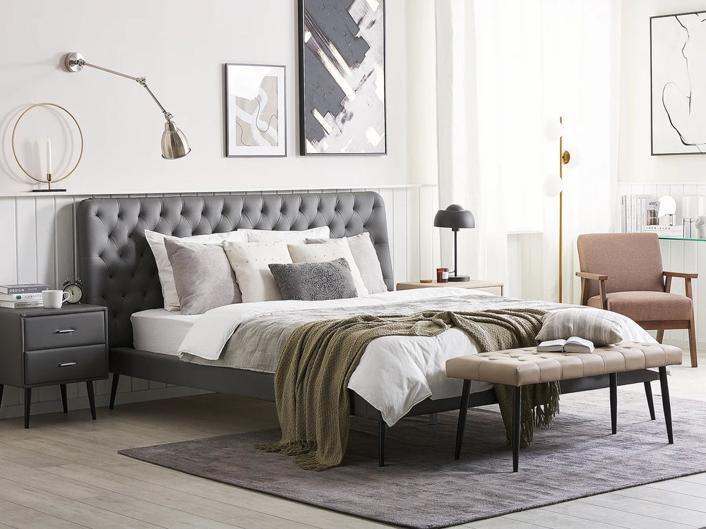 Bed with nightstands and bench grey set