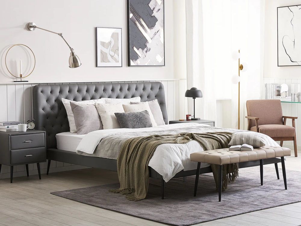 Bed with nightstands and bench grey set