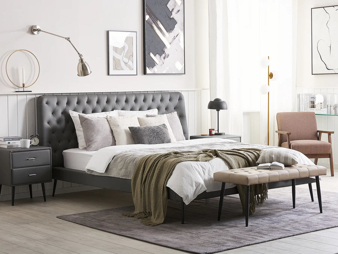 Bed with nightstands and bench grey set