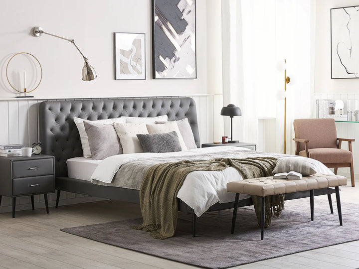 Bed with nightstands and bench grey set