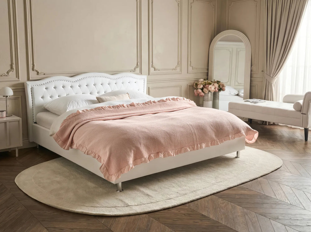 Tufted bed with nailhead trim white