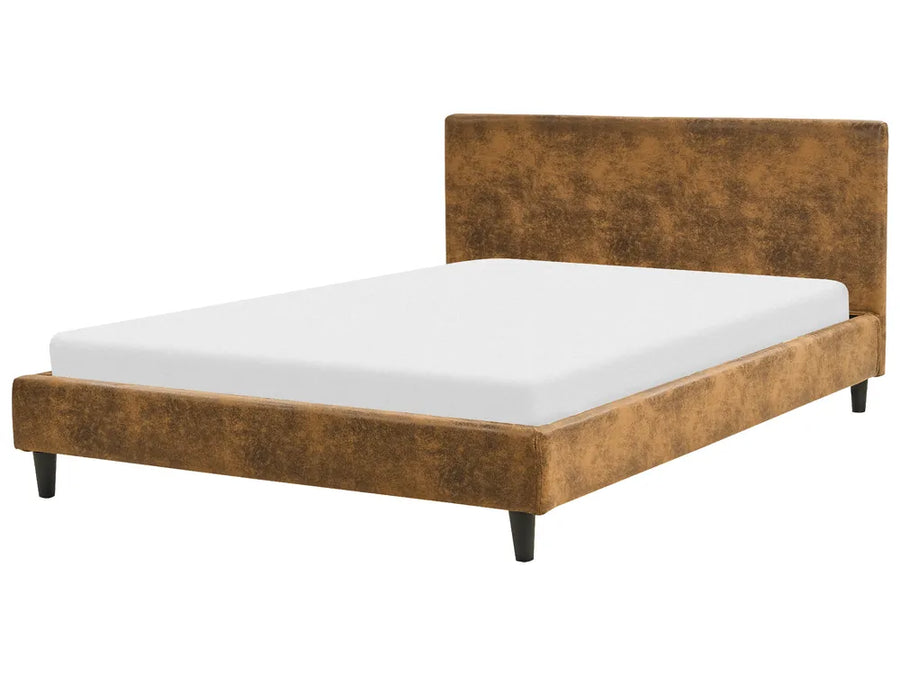 Brown upholstered bed with white mattress on a white background