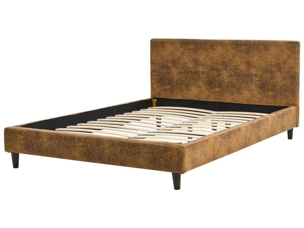 Brown upholstered bed frame on a white background