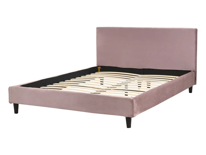 Pink upholstered bed frame with wooden slats on a white background
