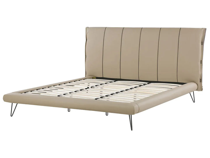 Beige bed frame with striped headboard on a white background