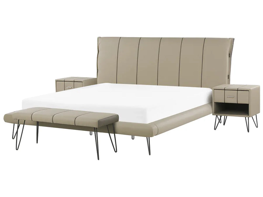 Beige upholstered bed with matching bench on a white background