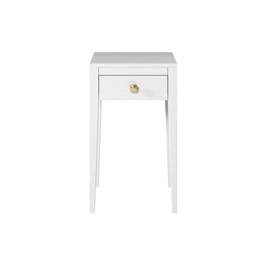 White side table with a drawer and gold handle on a white background