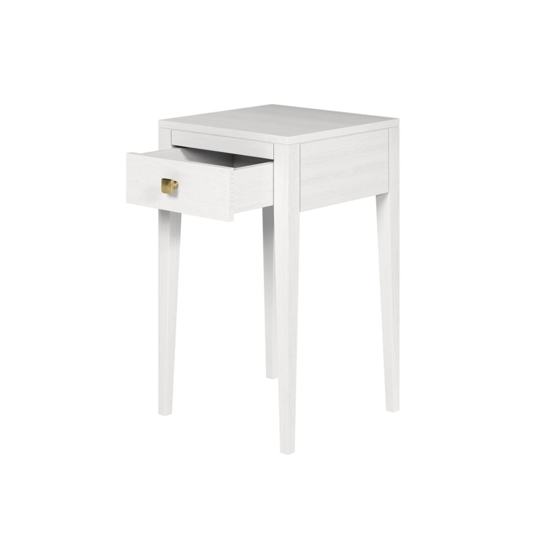 White side table with a drawer on a white background