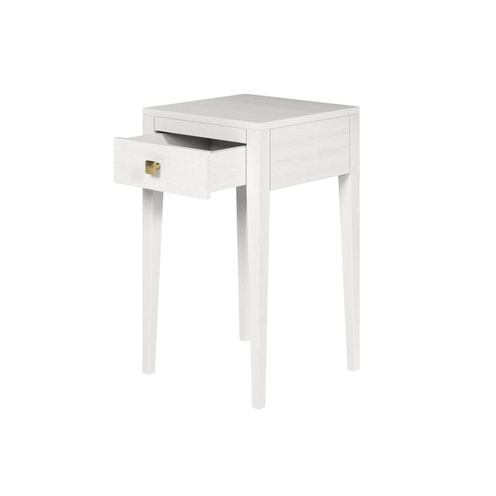 White side table with a drawer on a white background