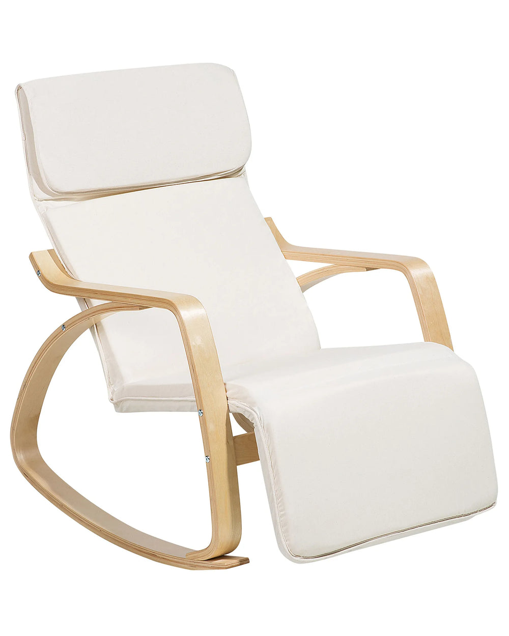 White rocking chair with wooden frame on a white background