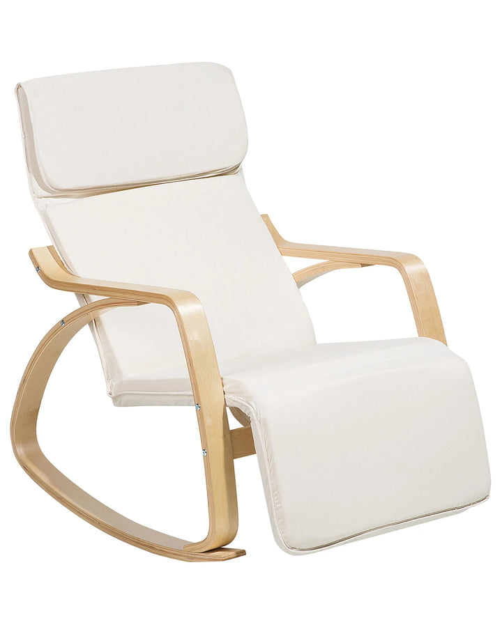 White rocking chair with wooden frame on a white background