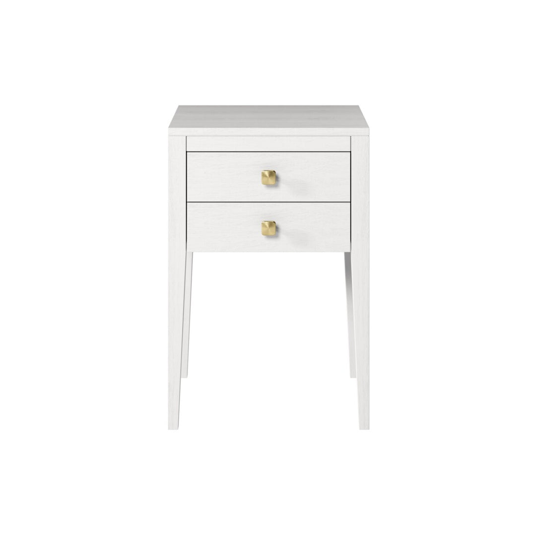 White nightstand with two drawers and gold knobs on a white background
