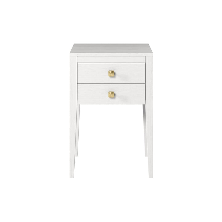 White nightstand with two drawers and gold knobs on a white background
