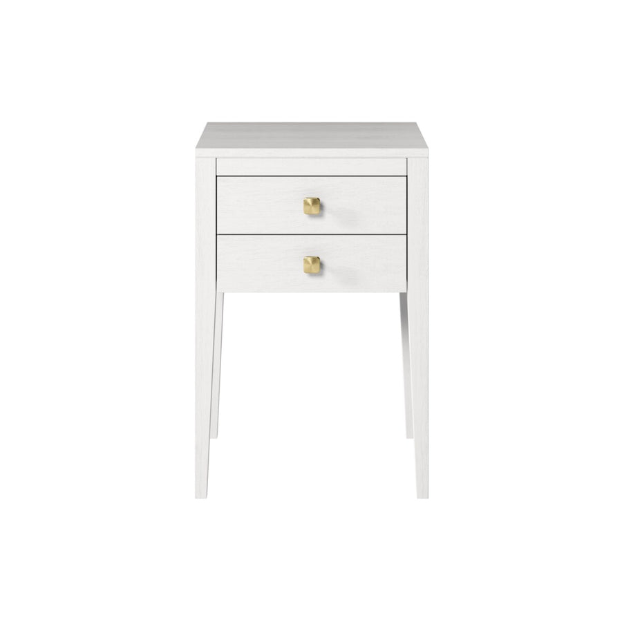 White nightstand with two drawers and gold knobs on a white background