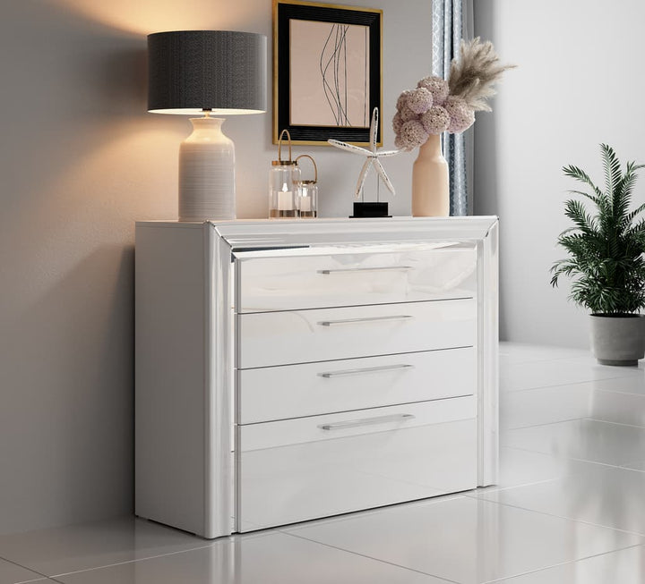 Elegant Arno Chest Of Drawers 1200mm in White & Silver Trimming - Stylish Storage Solution