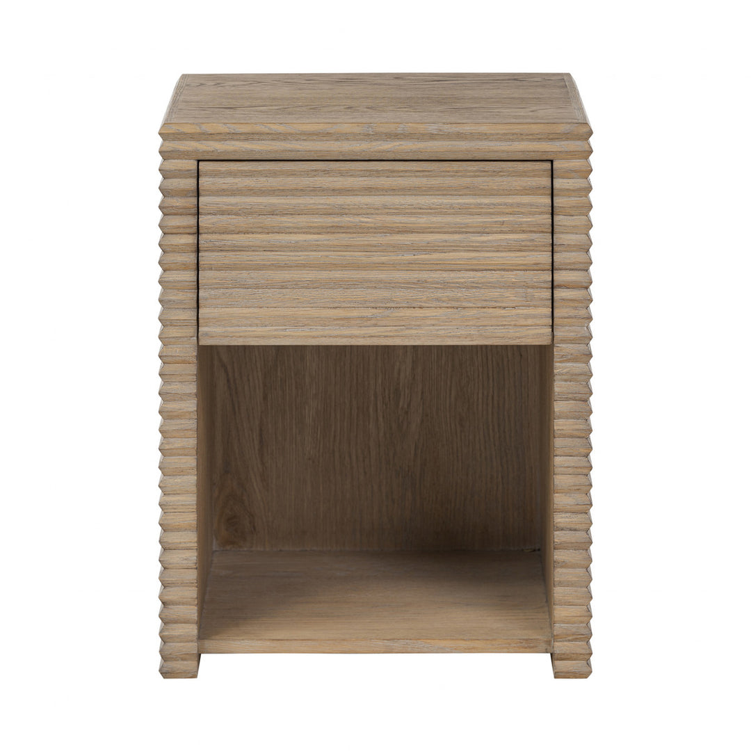Wooden side table with wavy edge design on a white background