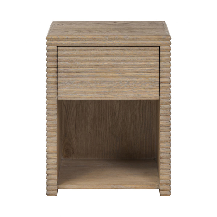 Wooden side table with wavy edge design on a white background