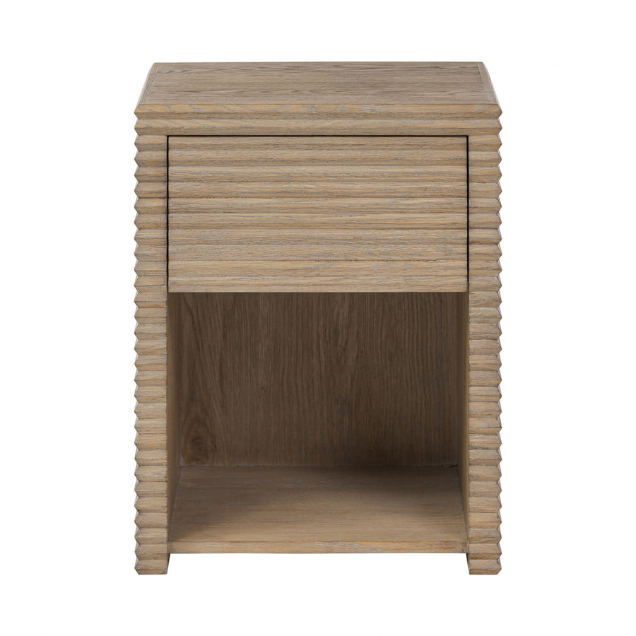 Wooden side table with wavy edge design on a white background