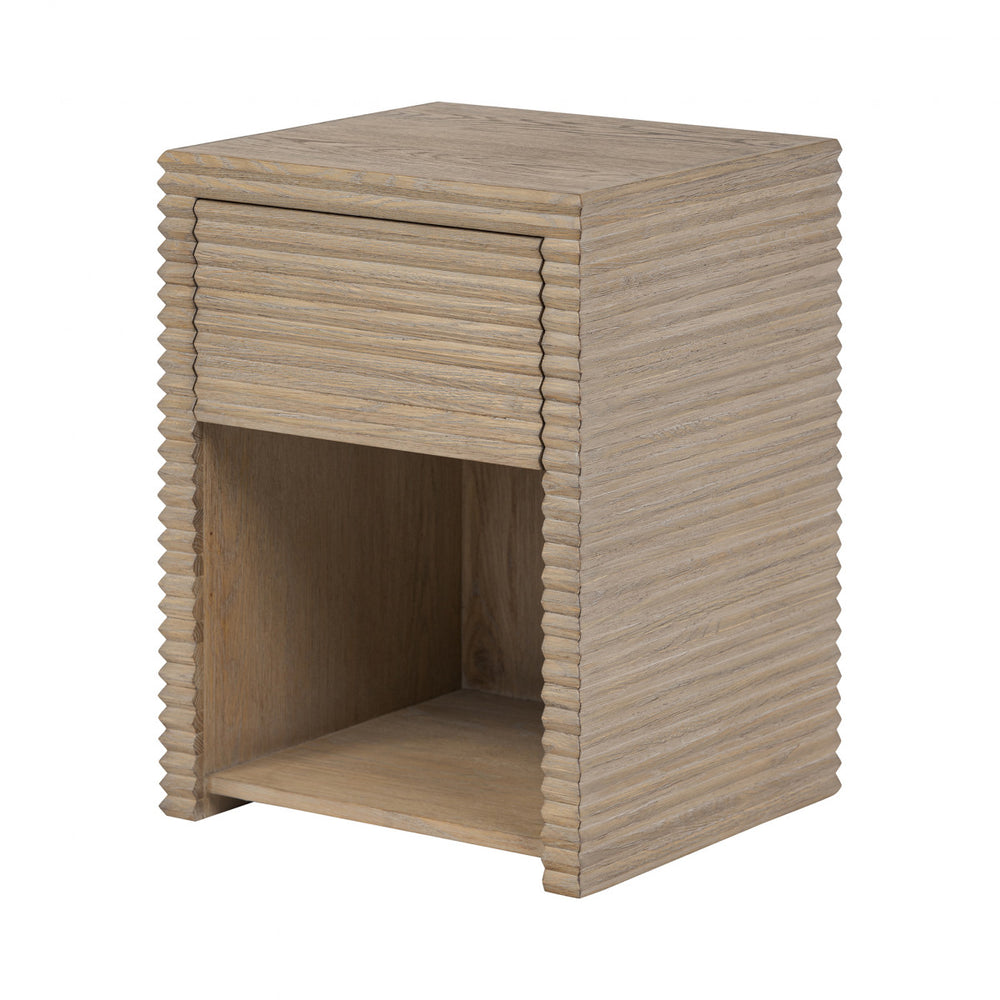 Wooden side table with a ribbed texture on a white background