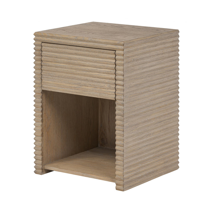 Wooden side table with a ribbed texture on a white background
